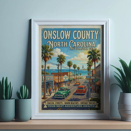 Onslow County North Carolina vintage travel poster with coastal streets and trucks.