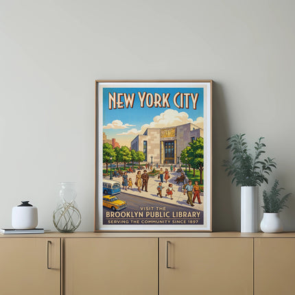 Poster of Brooklyn Public Library in New York City, with text about visiting.