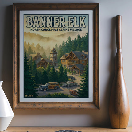 Vintage poster of Banner Elk, North Carolina's alpine village with vintage cars and rustic buildings.