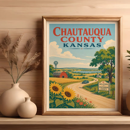 Framed vintage travel poster for Chautauqua County, Kansas, with farm scene.