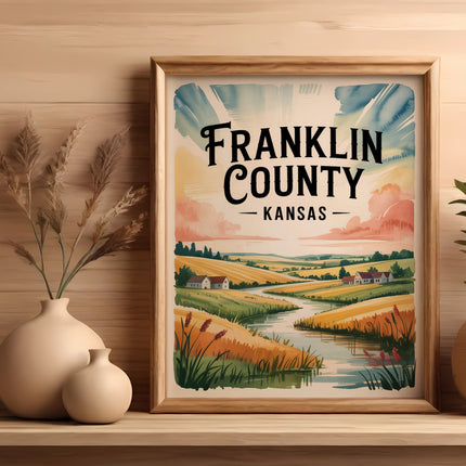Framed watercolor art of Franklin County landscape with rolling hills and river.
