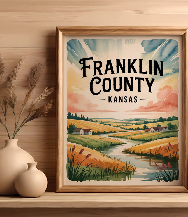 Framed watercolor art of Franklin County landscape with rolling hills and river.