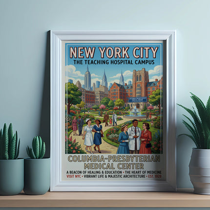Poster for New York City's Columbia-Presbyterian Medical Center with a campus illustration and text.