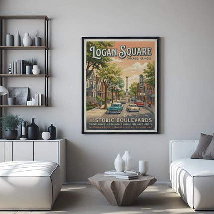 Poster for Logan Square, Chicago, with vintage cars and shops.