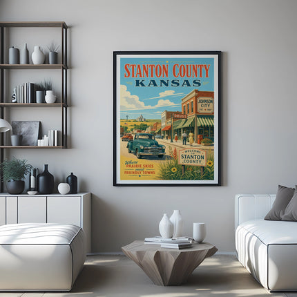 Vintage travel poster for Stanton County, Kansas, featuring a street scene and local attractions.