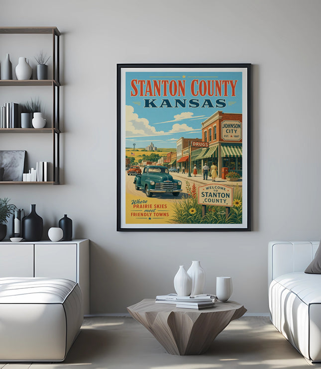 Vintage travel poster for Stanton County, Kansas, featuring a street scene and local attractions.
