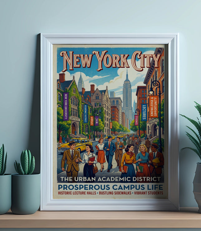 New York City academic district poster with buildings, people, and text.