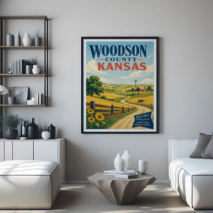 Vintage Woodson County, Kansas travel poster depicting a scenic rural landscape with a farmhouse and sunflowers.