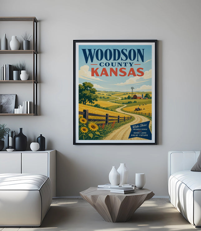 Vintage Woodson County, Kansas travel poster depicting a scenic rural landscape with a farmhouse and sunflowers.