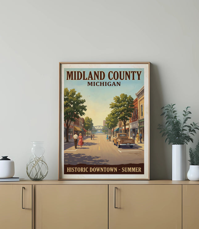 Poster: Midland County Michigan Historic Downtown - Summer, vintage style illustration.