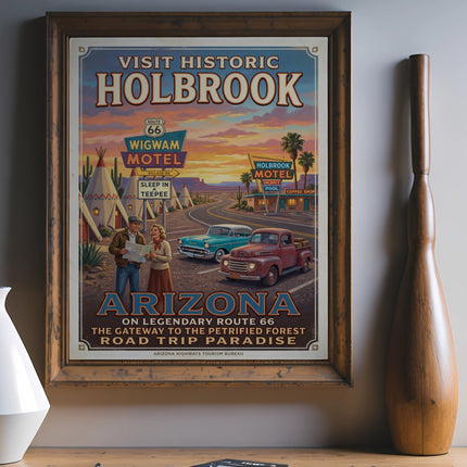 Vintage poster advertises Holbrook, Arizona, "Sleep in a Teepee" at Wigwam Motel.
