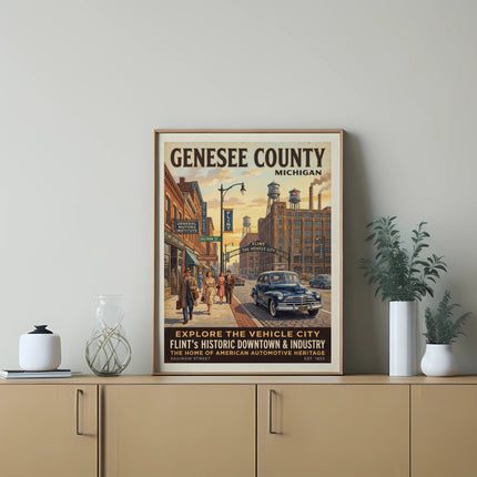 Genesee County Michigan vintage travel poster depicting Flint's automotive heritage.