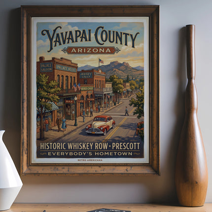 Vintage poster of Yavapai County Arizona showing an old street scene with buildings and a car.