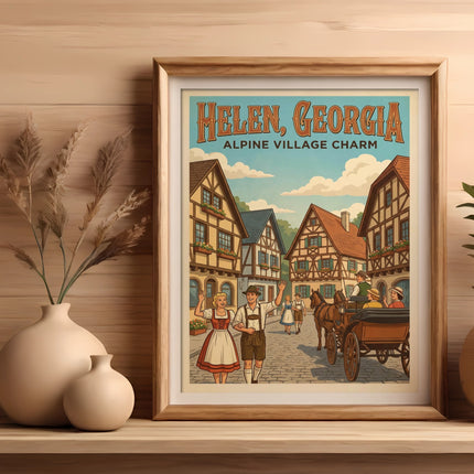 Framed illustration of Helen, Georgia, with Bavarian-style buildings and a horse-drawn carriage.