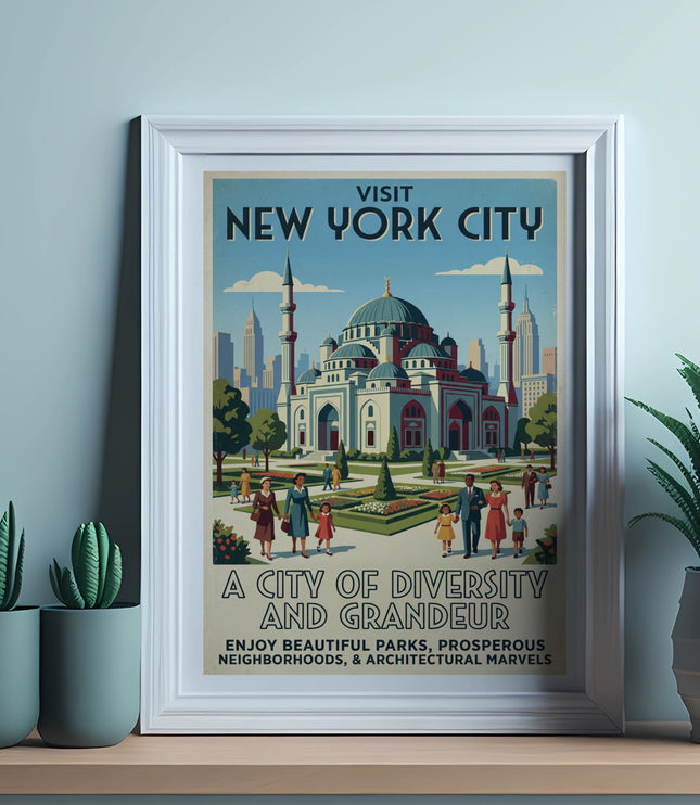 New York City travel poster with cityscape featuring mosque and skyscrapers.