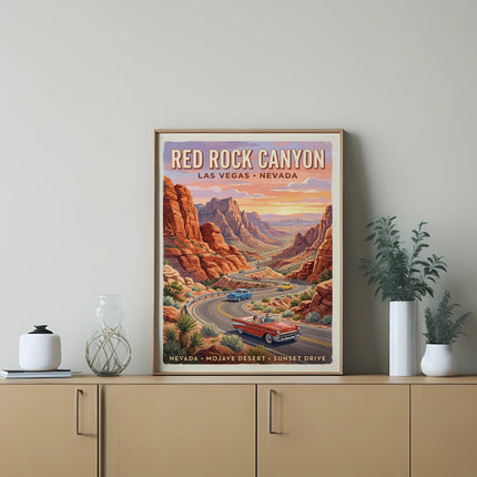 Poster for Red Rock Canyon, Las Vegas, Nevada, with vintage cars on a winding road.