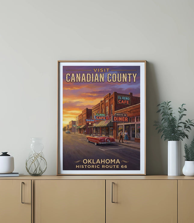 Vintage travel poster for Canadian County Oklahoma Historic Route 66 featuring El Reno Cafe and Diner.