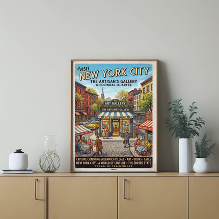 Vintage New York City poster depicting shops and street scene with "The Artisan's Gallery" prominently featured.