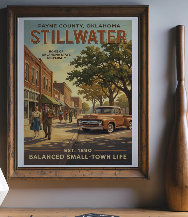Stillwater, Oklahoma poster with vintage truck, people, and text "Balanced Small-Town Life".