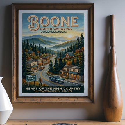 Boone North Carolina Appalachian Heritage poster with mountain scenery and town.