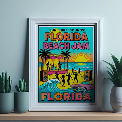 Florida Beach Jam concert poster featuring band, dancers, waves, and palm trees.