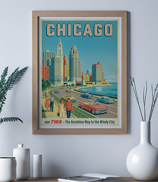 Vintage TWA poster of Chicago skyline with "CHICAGO" and "FLY TWA - The Sunshine Way to the Windy City" text.
