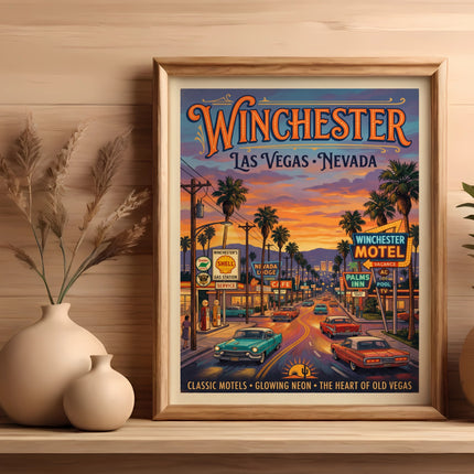 Poster of Winchester, Las Vegas, Nevada with classic cars and motels at sunset.