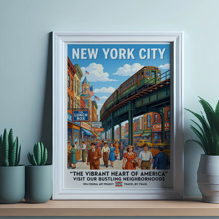 New York City WPA Federal Art Project poster with "The Vibrant Heart of America" text.