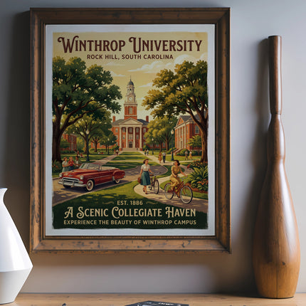 Winthrop University poster with campus scene, vintage car, and bicyclist.
