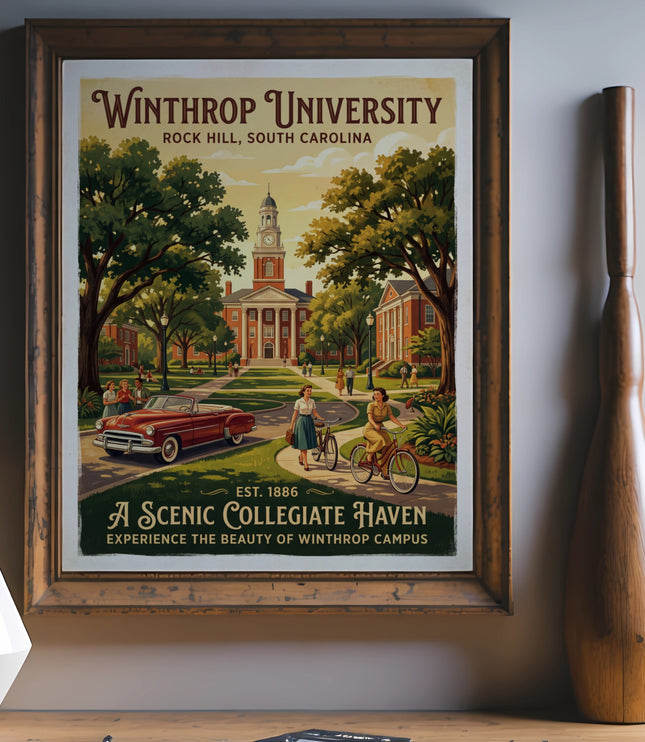 Winthrop University poster with campus scene, vintage car, and bicyclist.