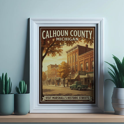 Calhoun County Michigan poster featuring Marshall's historic streets and a vintage truck.