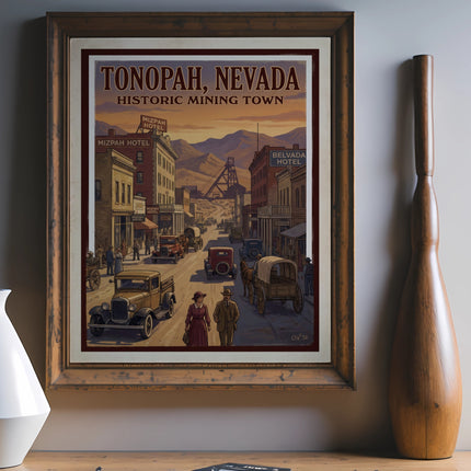 Vintage poster depicting Tonopah, Nevada, a historic mining town with buildings and mining structures.