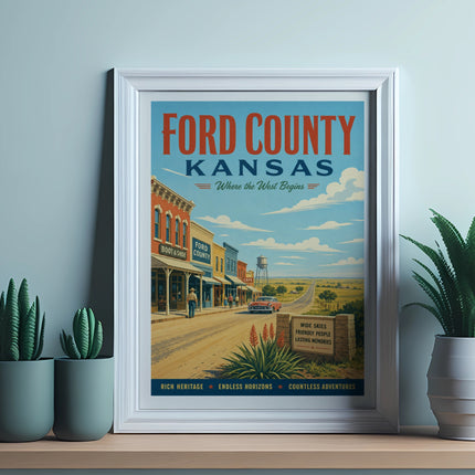 Ford County, Kansas travel poster with vintage storefronts and countryside.