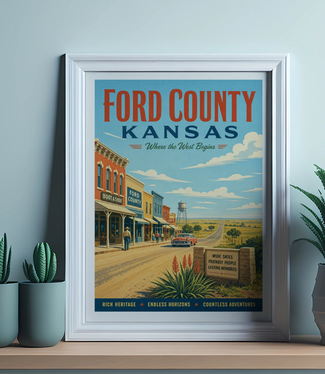 Ford County, Kansas travel poster with vintage storefronts and countryside.
