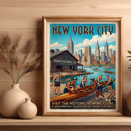 New York City Manhattan Rowing Club poster with rowers and cityscape.