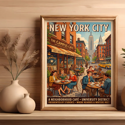 New York City Campus Cafe poster with text "The Campus Cafe" and Empire State Building.