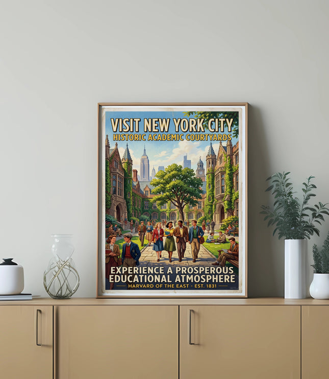 Vintage poster showing "Visit New York City" with academic courtyards and students.
