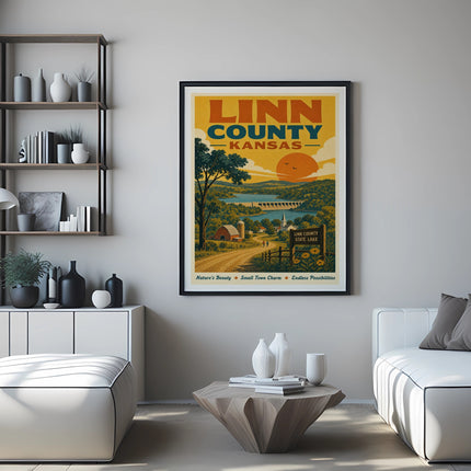 Vintage Linn County, Kansas poster with a lake and sunset scene.