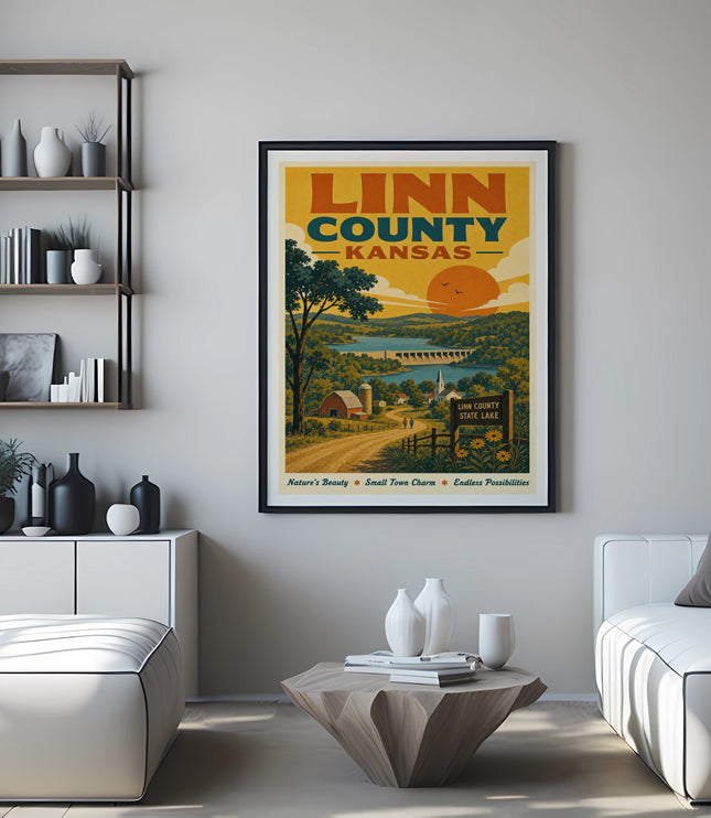 Vintage Linn County, Kansas poster with a lake and sunset scene.