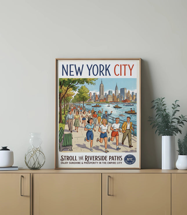 New York City skyline with people strolling and running along Riverside Paths.
