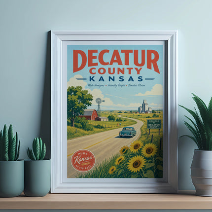 Vintage poster of Decatur County, Kansas with farm, sunflowers, and text.