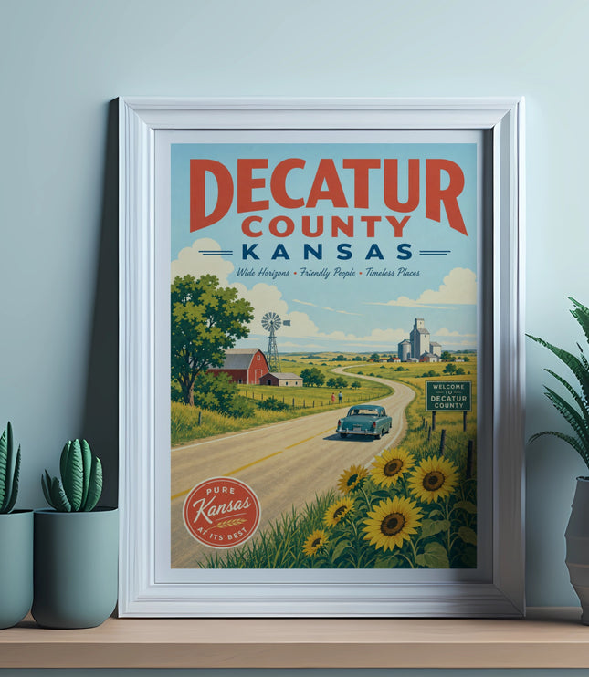 Vintage poster of Decatur County, Kansas with farm, sunflowers, and text.