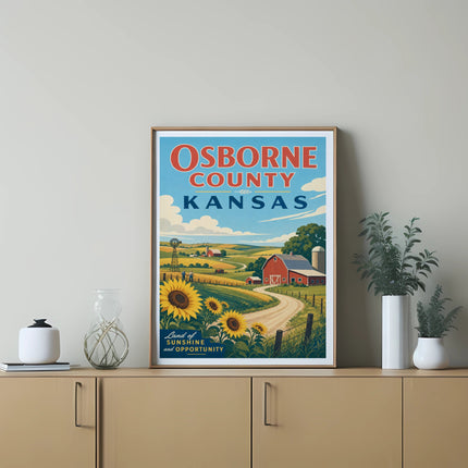 Osborne County Kansas poster with sunflowers, barn, windmill, and text.