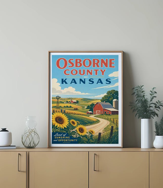 Osborne County Kansas poster with sunflowers, barn, windmill, and text.
