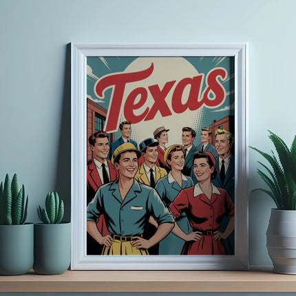 Group of smiling people in vintage clothing with "Texas" text above.