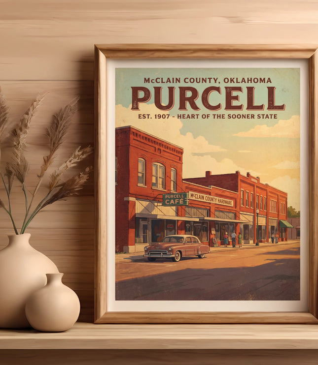 Purcell, Oklahoma vintage travel poster with brick buildings and a classic car.
