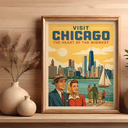 Vintage poster of Chicago skyline with a couple in the foreground.