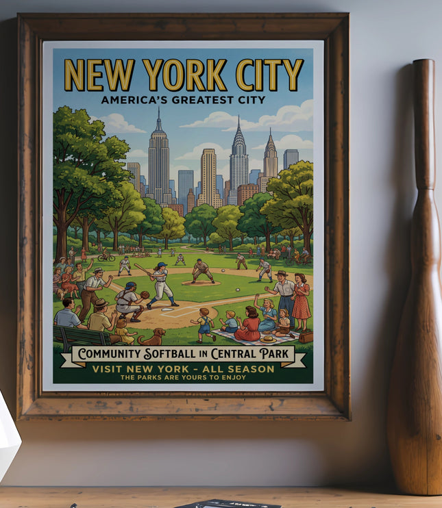 New York City community softball in Central Park vintage poster.