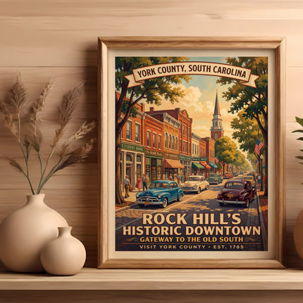 Rock Hill's Historic Downtown poster, vintage cars, Citizens Bank, Est. 1785, York County, SC.