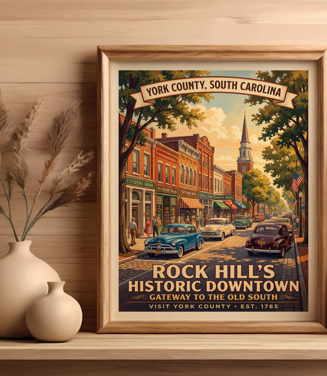 Rock Hill's Historic Downtown poster, vintage cars, Citizens Bank, Est. 1785, York County, SC.